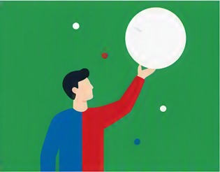 緑を背に、青と赤の服を着た人が白い球体を手のひらで支えている様子。