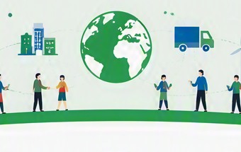 地球と建物と配送車を囲んで、人々が線でつながっている様子。