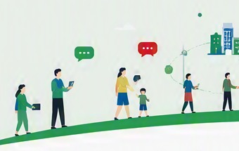 端末を手にした人たちが緑の地面の上に並び、吹き出しが浮かんでいる様子。