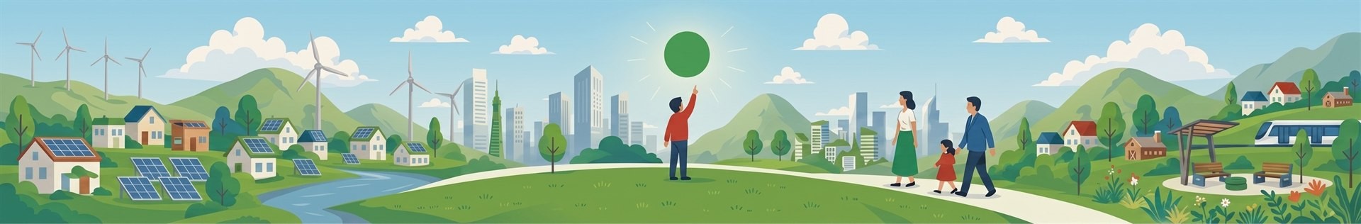 太陽光パネルのある住宅地、風車、都市のビル、歩く親子が並ぶ風景。中央の人が緑色の太陽を指さしている。