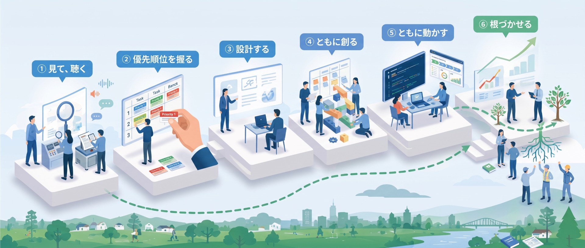 六つの段を左から右へ進む様子。①見て、聴く ②優先順位を握る ③設計する ④ともに創る ⑤ともに動かす ⑥根づかせる。