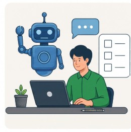 ロボットと会話しながら、パソコンで仕事を進めている人。横には作業の確認リスト。