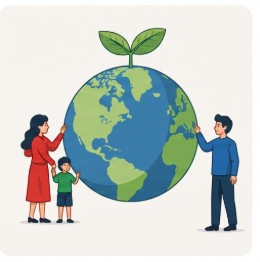 緑の地球を家族が両側から支えている。地球の上には新しい芽が伸びている。