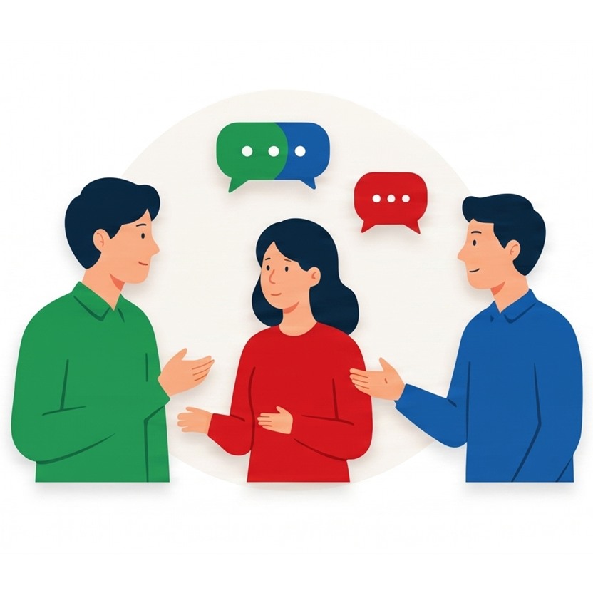 三人が向かい合って話している様子。頭上に吹き出しが三つ。