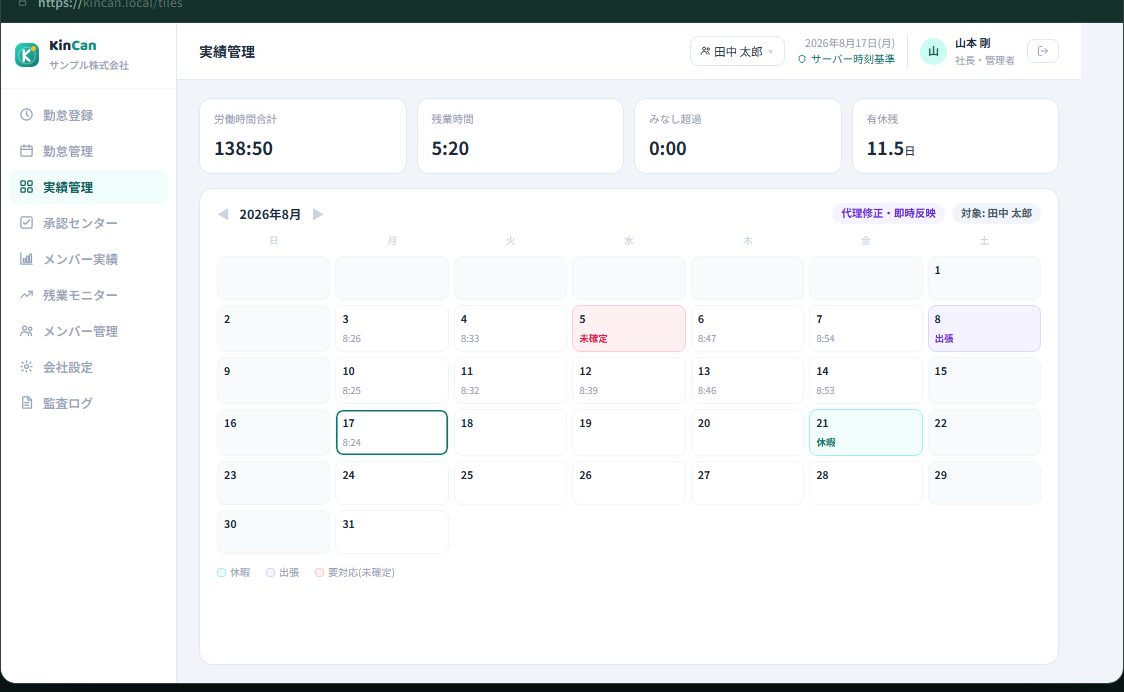 実績管理。月の勤怠を一覧で確かめる