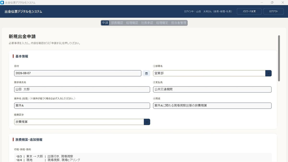 出金伝票の申請画面。日付・部署・支払先・用途を入力する欄が並んでいる。