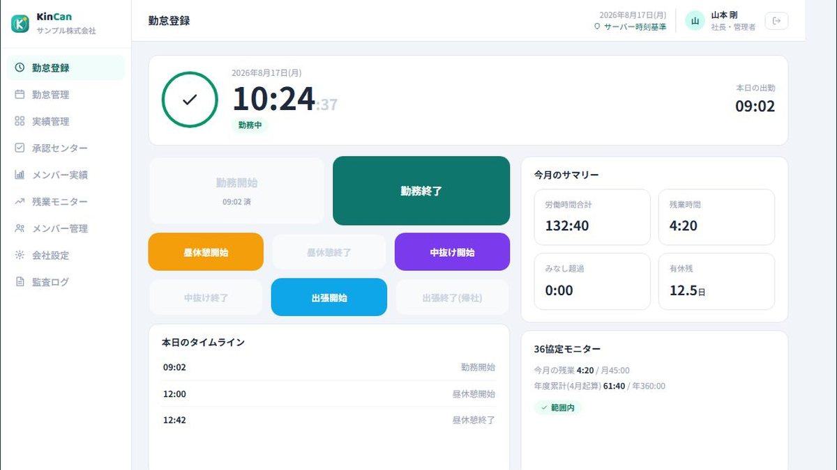 勤怠登録の画面。打刻のボタンと、今月の労働時間・残業時間のまとめが並んでいる。